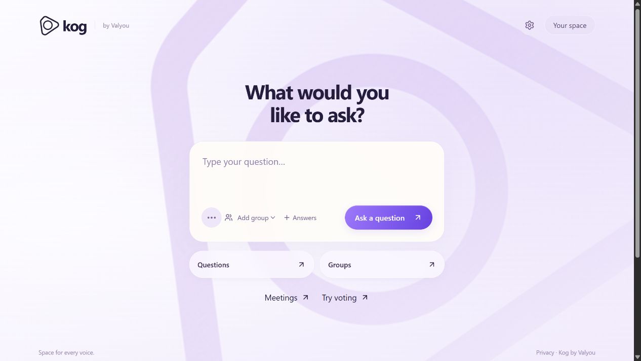 Kog’s lilac home screen with a question composer and links to Questions, Groups, Meetings and Try voting.