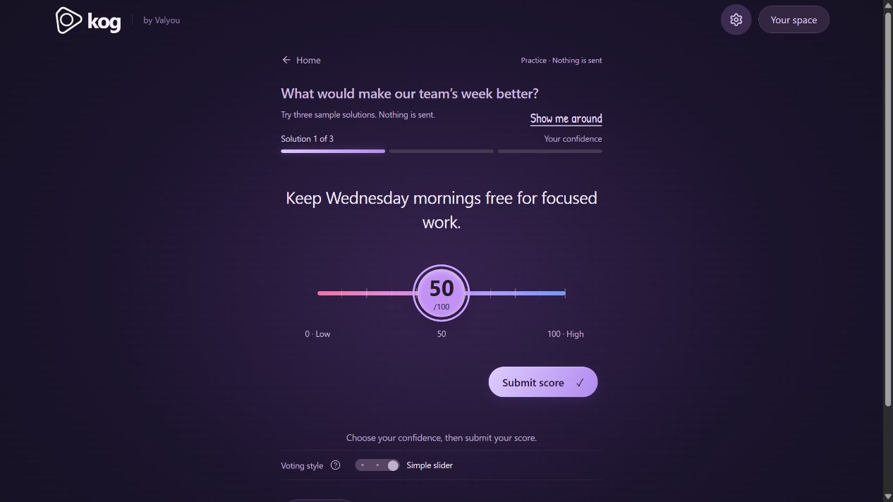 The live Kog practice screen showing a sample solution and a confidence slider from 0 to 100.
